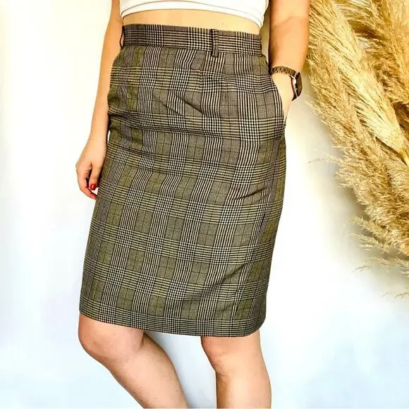 VINTAGE CLAIBORNE Brown Tan Plaid Print Business Pencil Midi Knee Skirt 6 - Picture 3 of 8